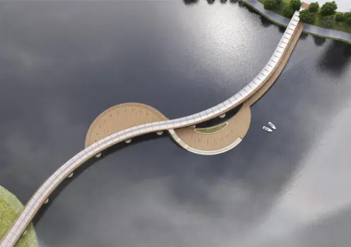 Pedestrian bridge over a pond in New Moscow
